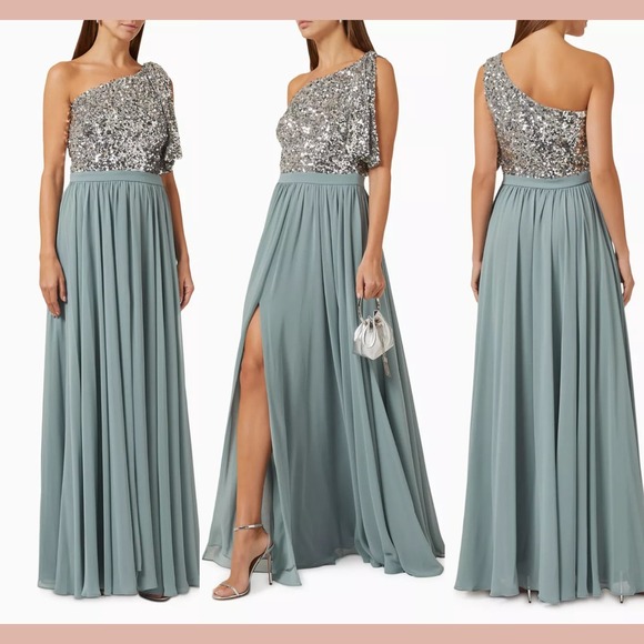 NWT $995 Sachin & Babi‎ [ 12 ] Jolie One Shoulder Sequin Gown Steel Blue #J1442